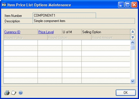 Screenshot that shows the Item Price List Options Maintenance window.