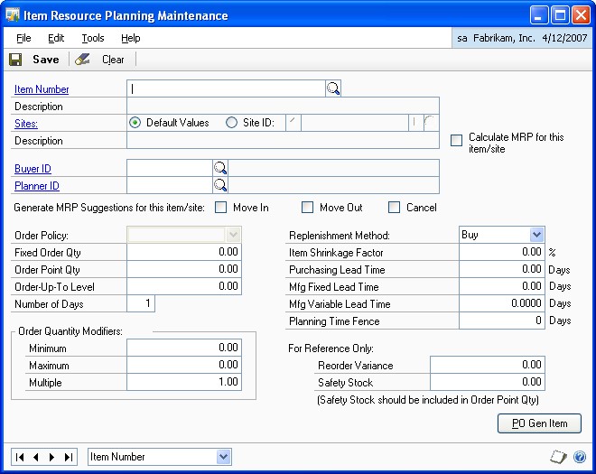 Screenshot that shows the Item Resource Planning Maintenance window.