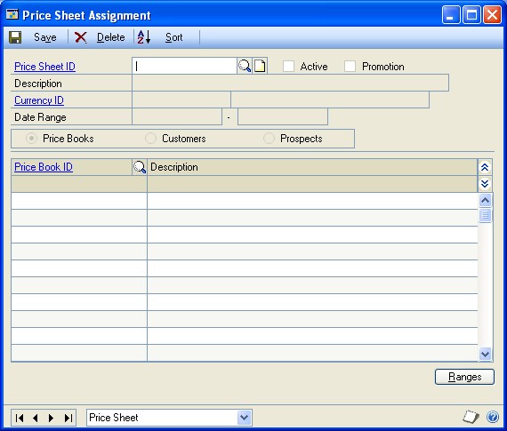 Screenshot that shows Price Sheet Assignment window.
