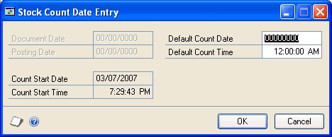 Screenshot that shows the Stock Count Date Entry window.