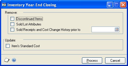 Screenshot of the Inventory Year-end Closing window.
