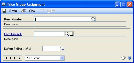 Screenshot that shows the Price Group Assignment window.