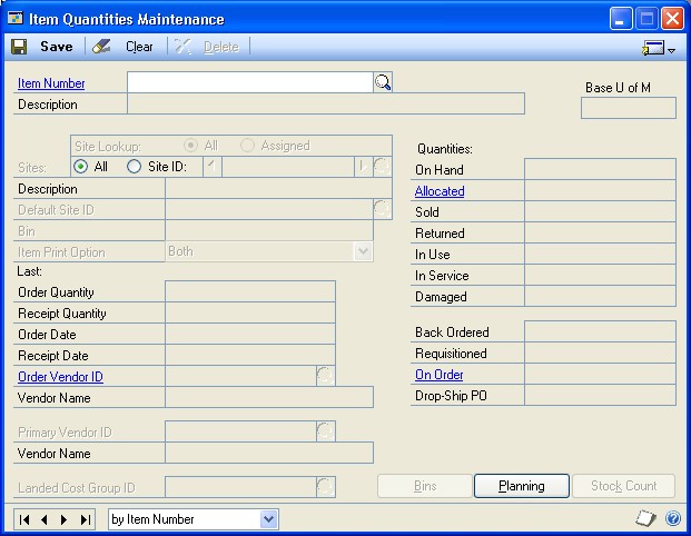 Screenshot that shows the Item Quantities Maintenance window.