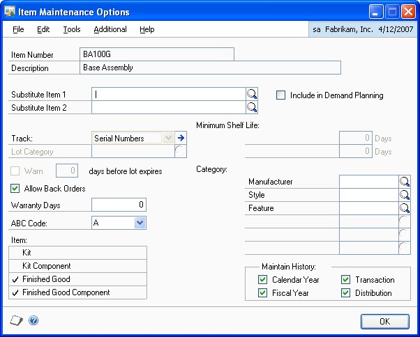 Screenshot that shows the Item Maintenance Options window.