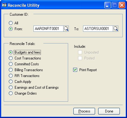 Screenshot of the Reconcile Utility window, which shows the Budgets and fees and the Print Report option is selected.