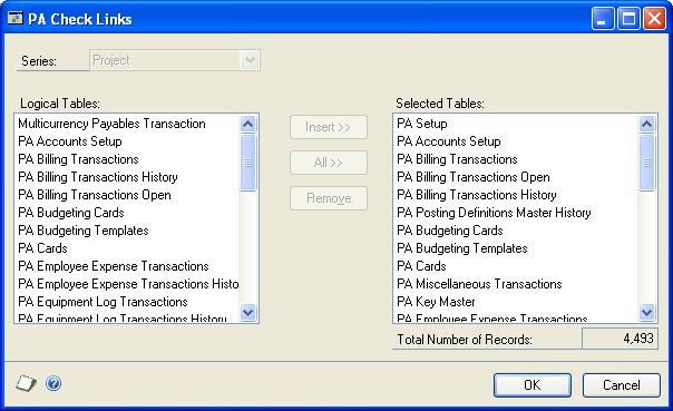 Screenshot of the PA Check Links Window, which shows the Logical Tables and Selected Tables lists.