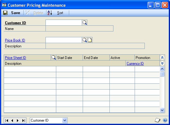 Screenshot that shows the Customer Pricing Maintenance window.