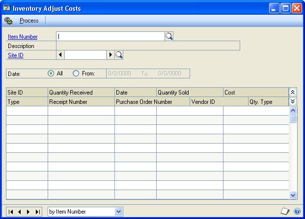 Screenshot of the Inventory Adjust Costs window.