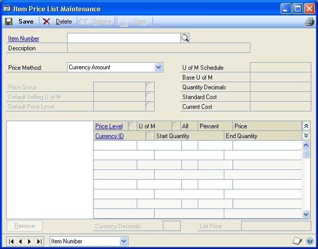 Screenshot that shows the Item Price List Maintenance window.