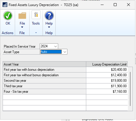 Shows the fixed assets luxury deprecation page.
