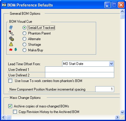 Screenshot of the BOM Preference Defaults window.