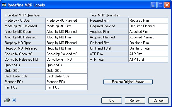 Screenshot of the Redefine MRP Labels screens