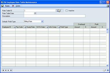 Screenshot of the PA Employee Rate Table Maintenance window.