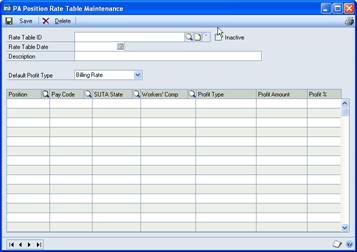 Screenshot of the PA Position Rate Table Maintenance window.