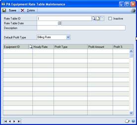 Screenshot of the PA Equipment Rate Table Maintenance window.