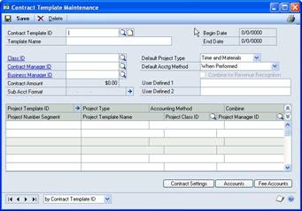 Screenshot of the Contract Template Maintenance window, which is similar to the Contract Maintenance window.
