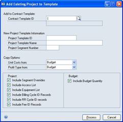 Screenshot of the Add Existing Project to Template window.