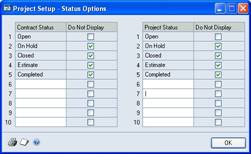 Screenshot of the Project Setup – Status Options window.
