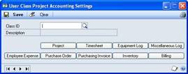 Screenshot of the User Class Project Accounting Settings window.