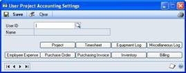 Screenshot of the User Project Accounting Settings window.