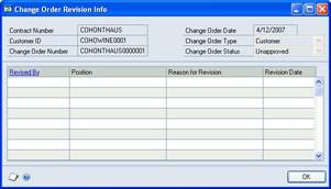 Screenshot of the Change Order Revision Info window.