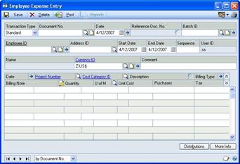 Screenshot of the Employee Expense Entry window.