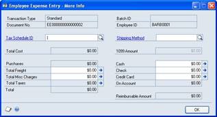 Screenshot of the Employee Expense Entry – More Info window.