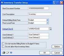 Screenshot of the Inventory Transfer Setup window.