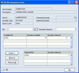 Screenshot of the PA Bin Quantity Entry window.