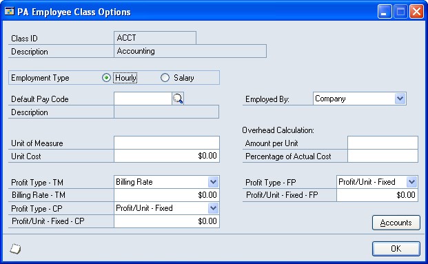 Screenshot of the PA Employee Class Options window.