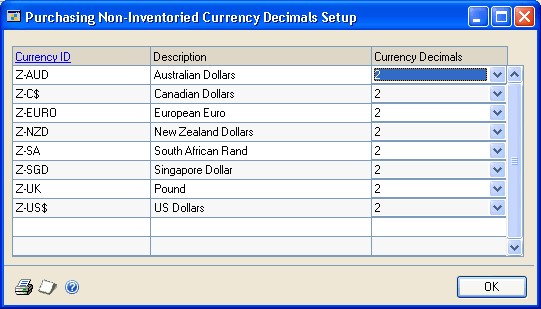 Screenshot of the Purchasing Non-Inventoried Currency Decimals Setup window.
