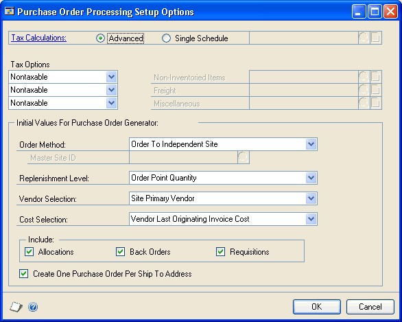 Screenshot of the Purchase Order Processing Setup Options window.