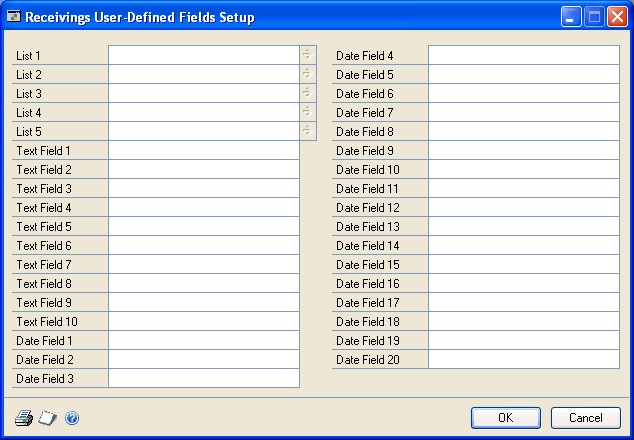 Screenshot of the Receivings User Defined Fields Setup window.