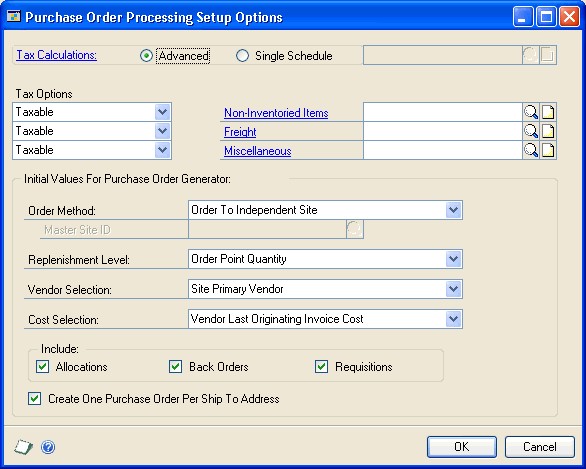 Screenshot of the Purchase Order Processing Setup Options window as it appears by default.