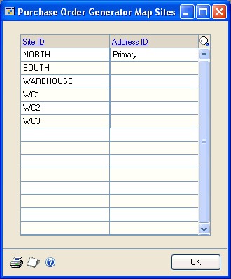 Screenshot of the Purchase Order Generator Map Sites window.