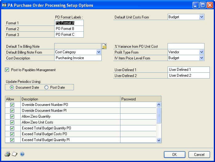 Screenshot of the PA Purchase Order Processing Setup Options window.