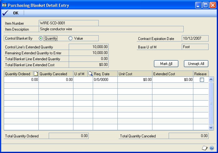 Screenshot that shows the Purchasing Blanket Detail Entry window.