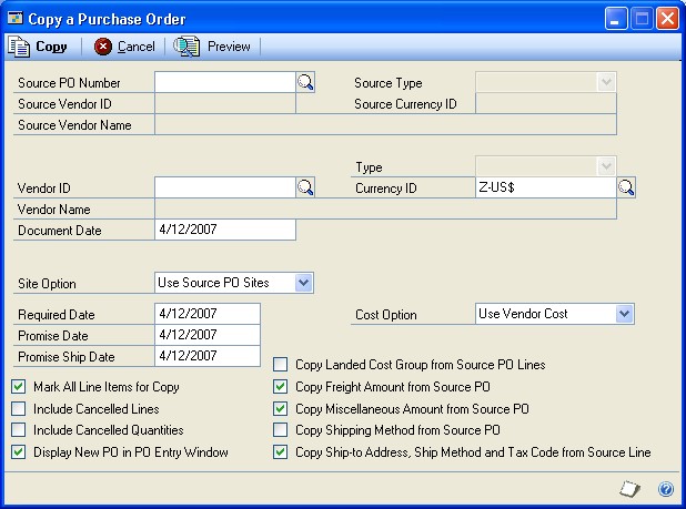 Screenshot of the Copy a Purchase Order window.