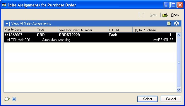 Screenshot that shows the Sales Assignments for Purchase Order window.