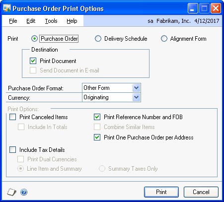 Screenshot of the Purchase Order Print Options window.