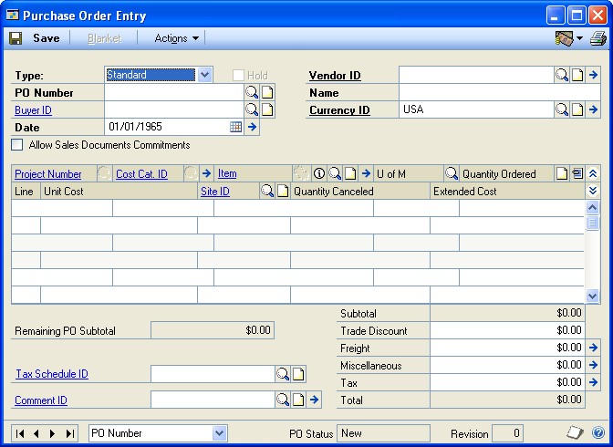 Screenshot that shows the Purchase Order Entry window.