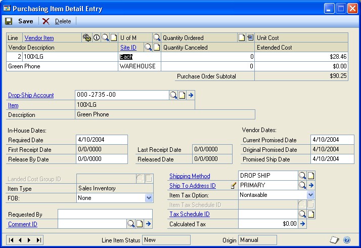 Screenshot of the Purchasing Item Detail Entry window.