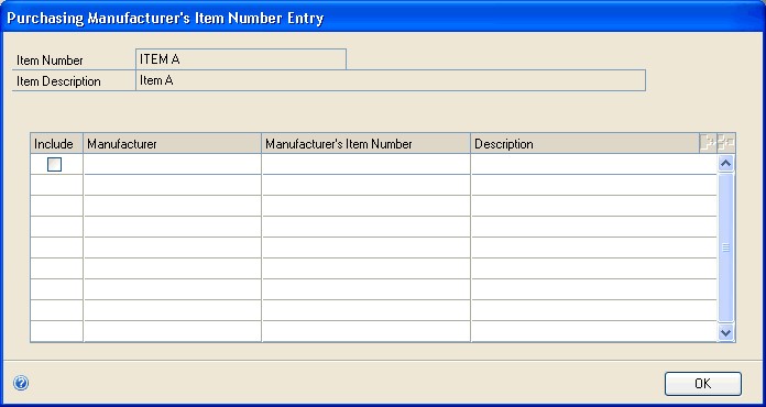 Screenshot that shows the Purchasing Manufacturer's Item Number Entry window.