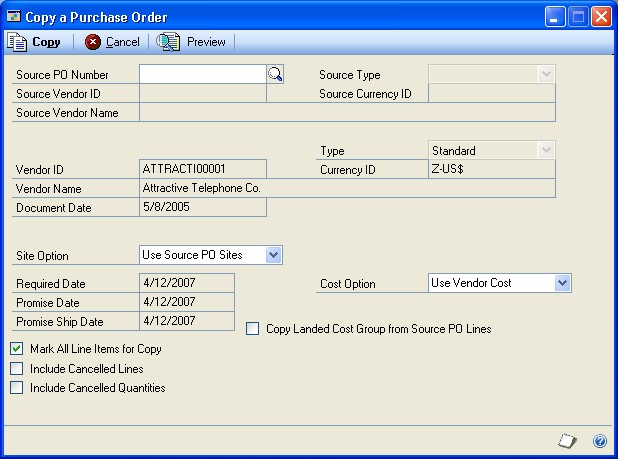Screenshot that shows the Copy a Purchase Order window.