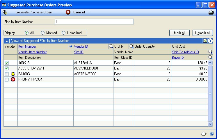 Screenshot that shows the Suggested Purchase Orders Preview window.