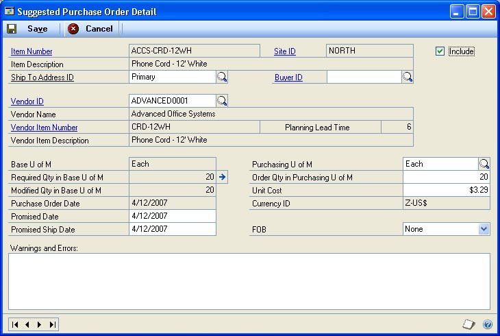 Screenshot that shows the Suggested Purchase Order Detail window.