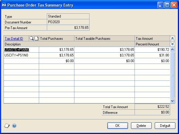 Screenshot that shows the Purchase Order Tax Summary Entry window.