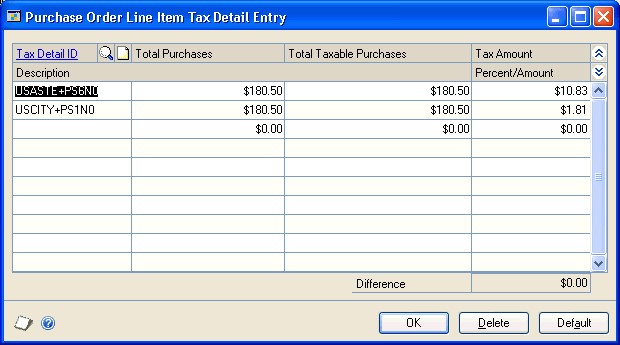Screenshot that shows the Purchase Order Line Item Tax Detail Entry window.