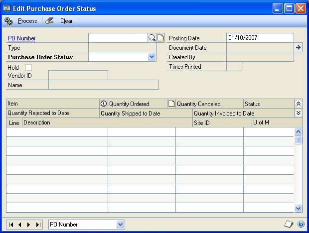 Screenshot that shows the Edit Purchase Order Status window.