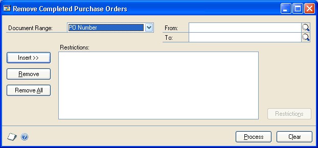 Screenshot that shows the Remove Completed Purchase Orders window.